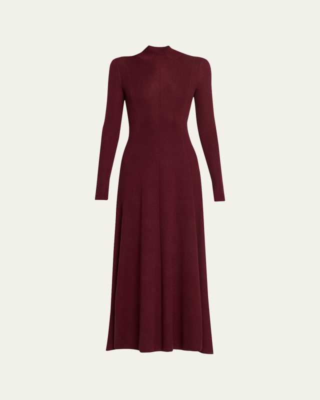 Rib Godet Long-Sleeve Midi Dress